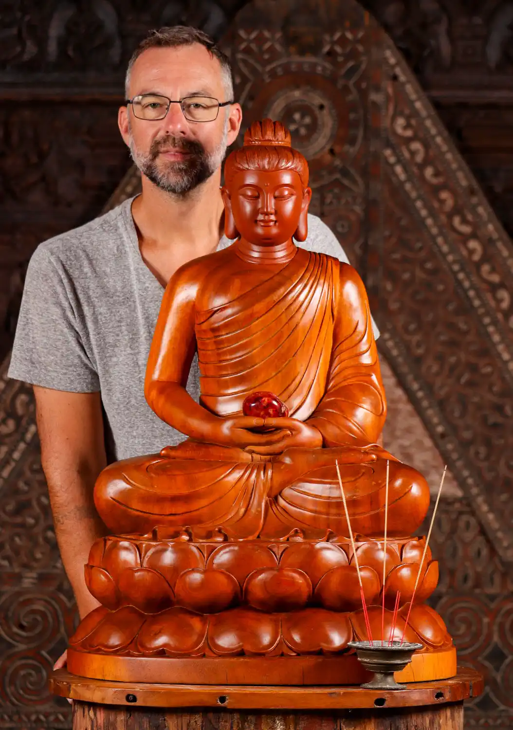 Meditating Gandharan Buddha Sculpture in Vietnamese Wood Seated on Lotus Base 33"