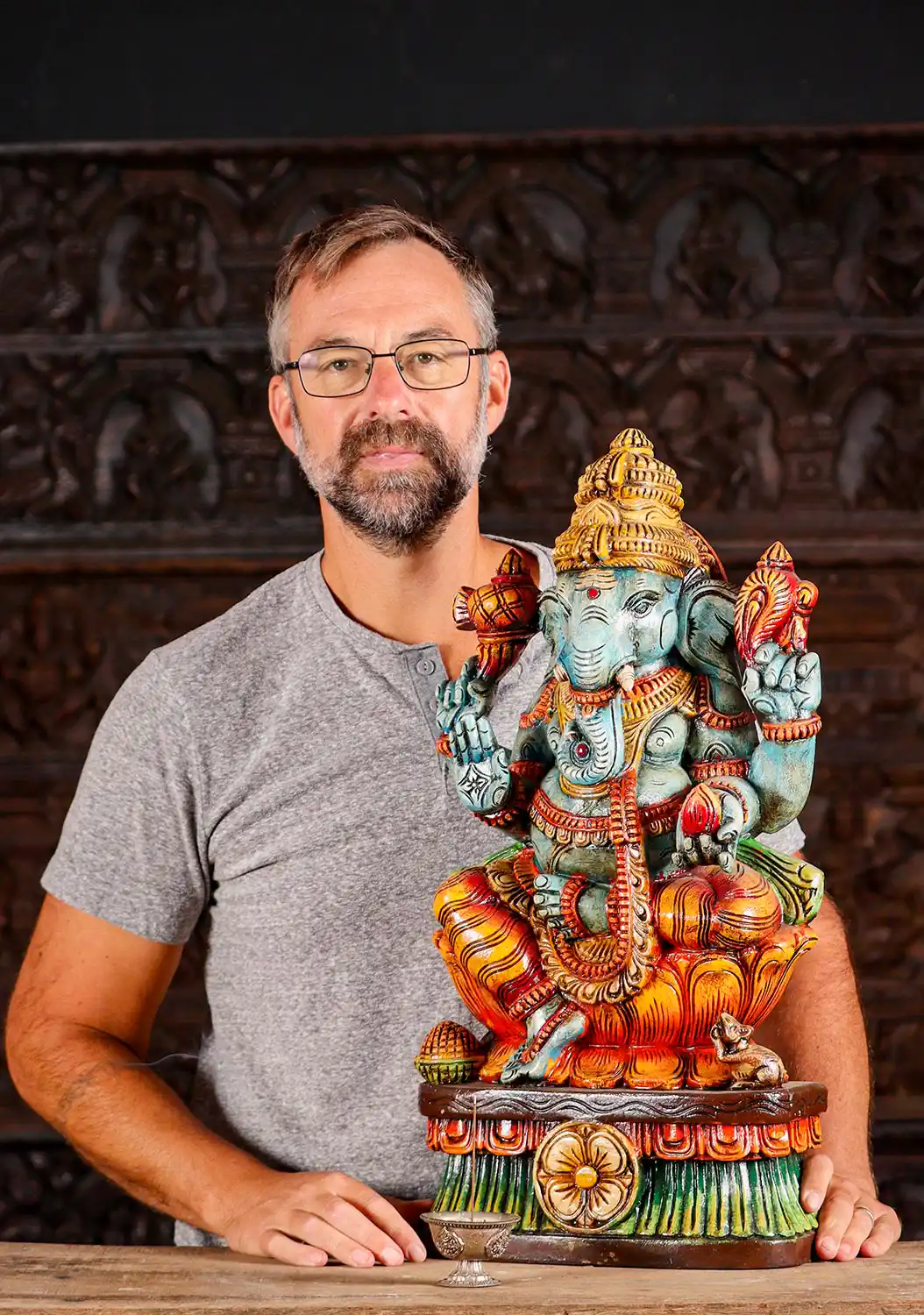 Ganesha Hand-Painted Wood Statue in Abhaya Mudra with Mooshika 24"