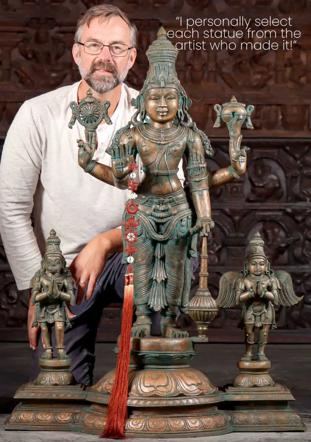 Vishnu Bronze Statue with Garuda and Hanuman in Panchaloha Antique Green Patina 45"