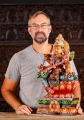 Saraswati Hand-Carved Wooden Statue Seated on Lotus Playing Veena, Vibrantly Painted 24"