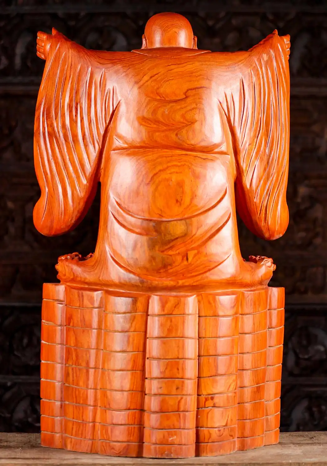 Welcoming Happy Buddha on Gold Coins with Ingots in Robes, Hand-Carved Wood Sculpture 35"