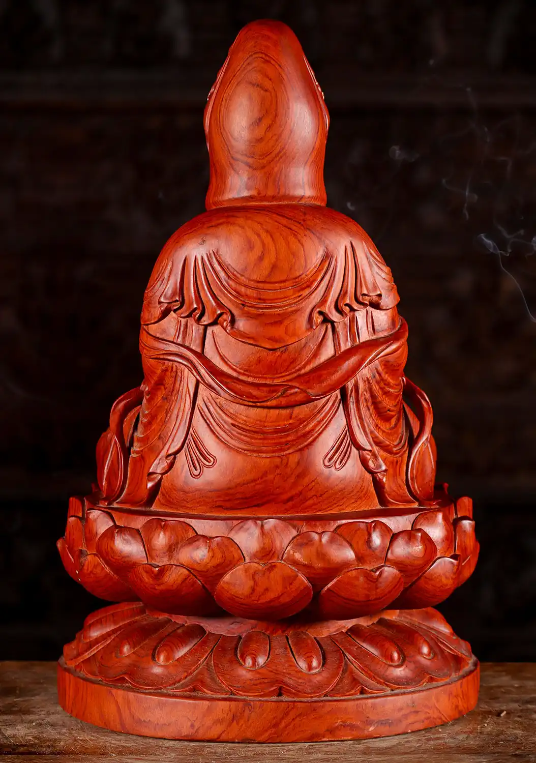 Kwan Yin Statue with Gold Leaf Accents, Wood Bodhisattva on Blooming Lotus Base 20"