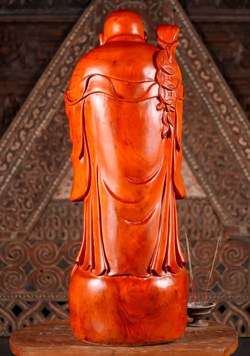 Hotei Buddha of Wealth Wood Sculpture with Wish Stick on Sack of Gold Coins 35"