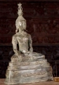 Buddha Statue Brass Laotian Style Seated on Three Tiered Base Wearing Headdress 26"