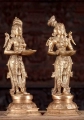 Lakshmi Deepam Polished Bronze Statue Pair with Parrots, Hindu Goddess of Wealth 19"