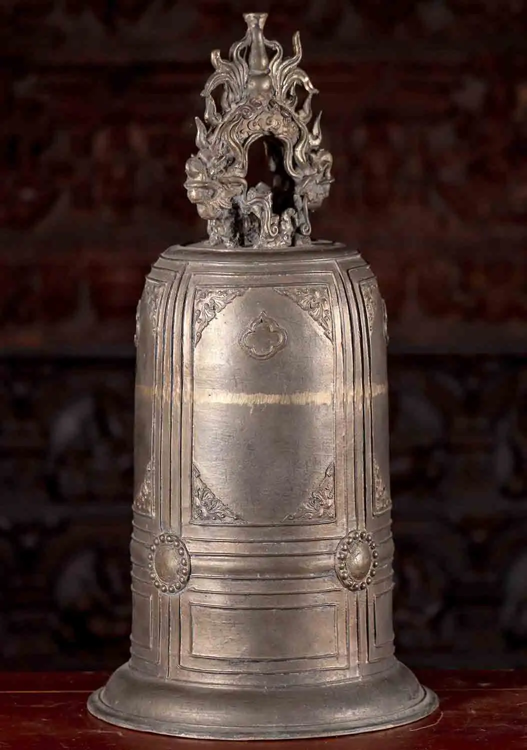 Vietnamese Brass Buddhist Temple Bell with Intricate Dragon Handle and Wooden Striker 24"