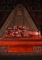 Hotei Happy Buddha with Three Children, Wood Carving Holding Lily Pad with Peaches 35"