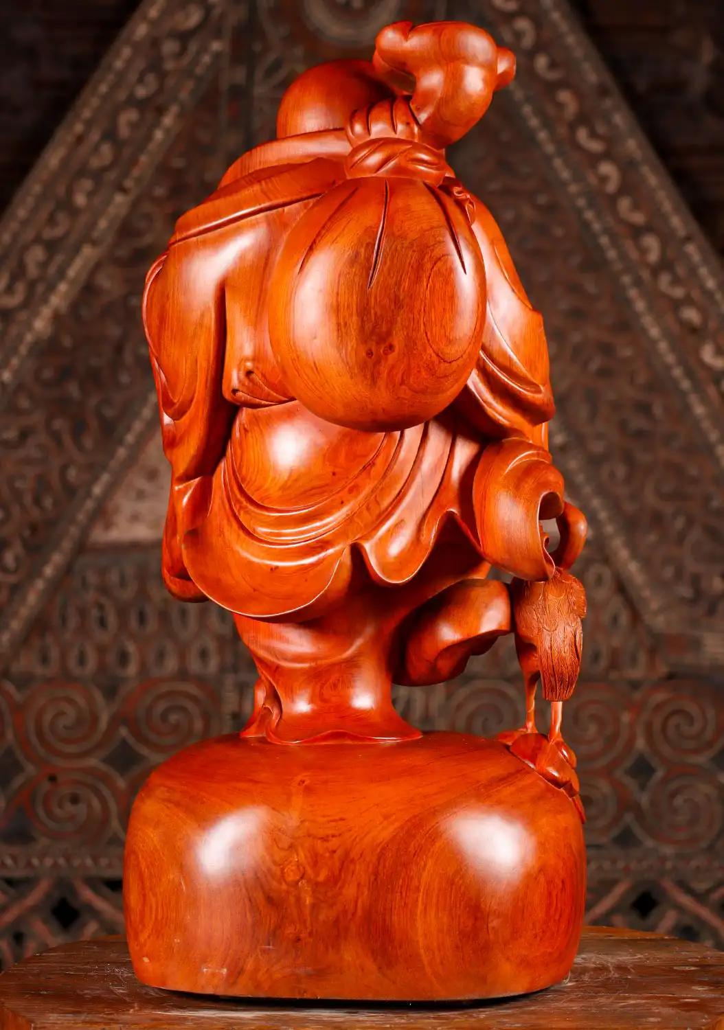 Hotei Buddha of Wealth Wood Sculpture with Crane and Wish Stick, on Gold Coins 31"