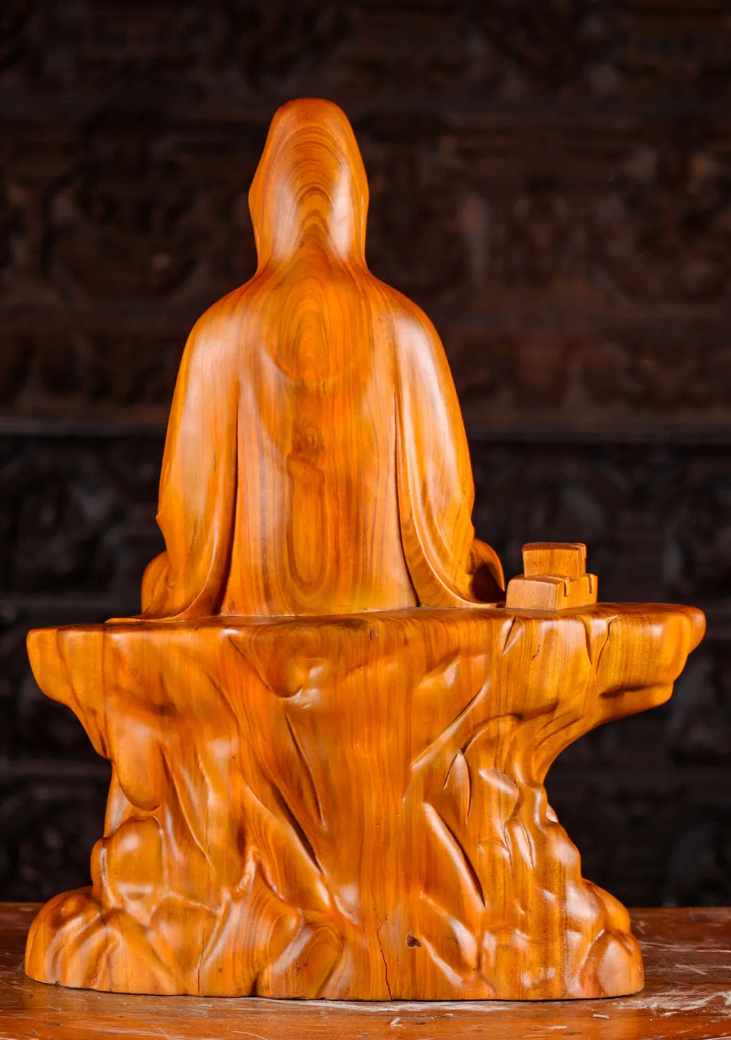 Kwan Yin Wood Statue Seated in Meditation on Mountain Throne with Waves 21"