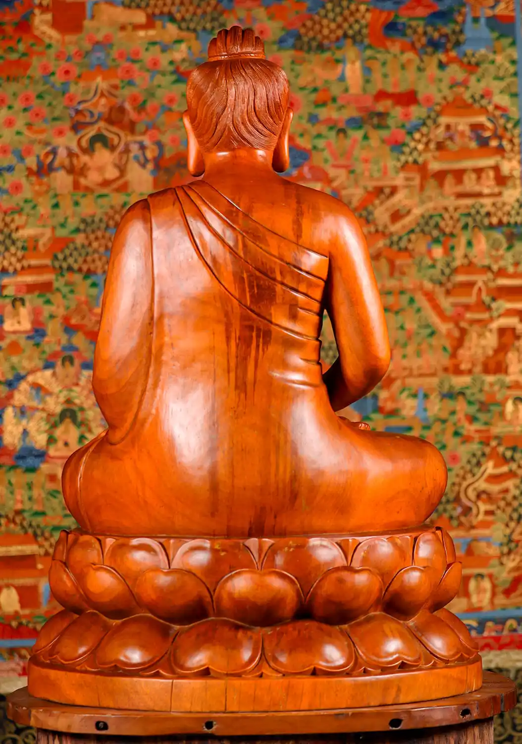 Meditating Gandharan Buddha Sculpture in Vietnamese Wood Seated on Lotus Base 33"