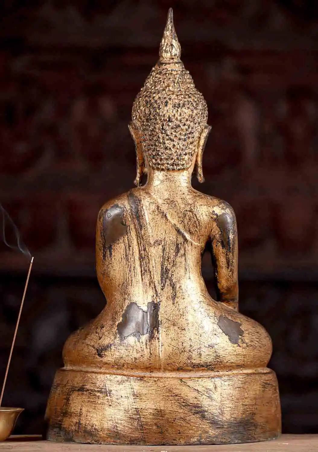 Brass Laotian Buddha Statue Covered in Real Gold Leaf in the Earth Touching Hand Position 17"