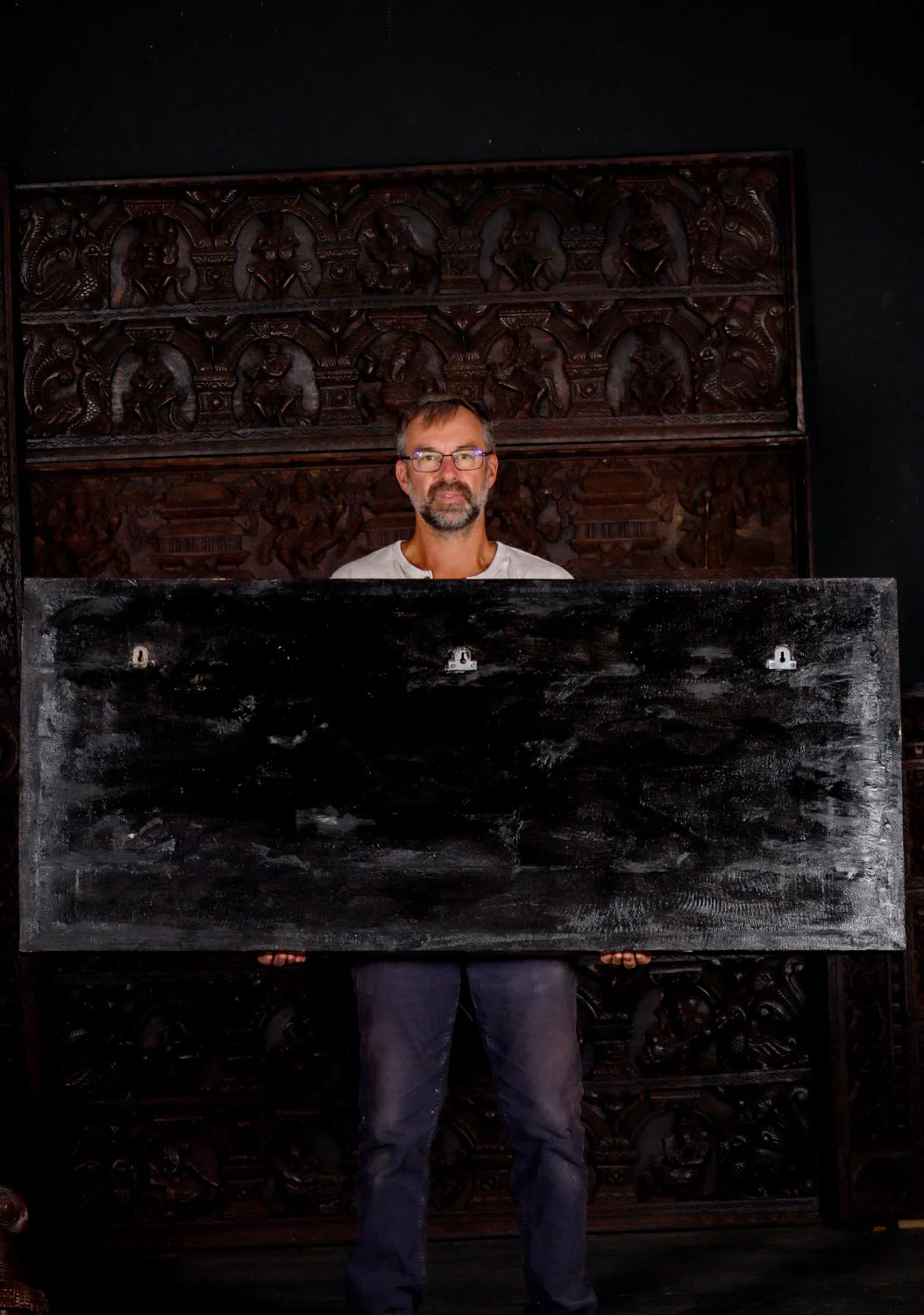 Birth of Brahma Painted Wood Panel with Reclining Vishnu, Hanuman, and Garuda 63"