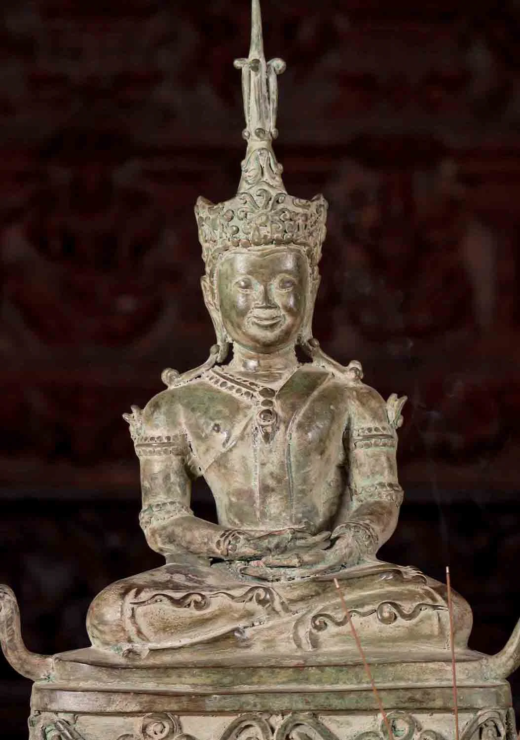 Buddha Statue Brass Meditating Laotian in Padmasana on  Two Tiered Base Sculpture 23"