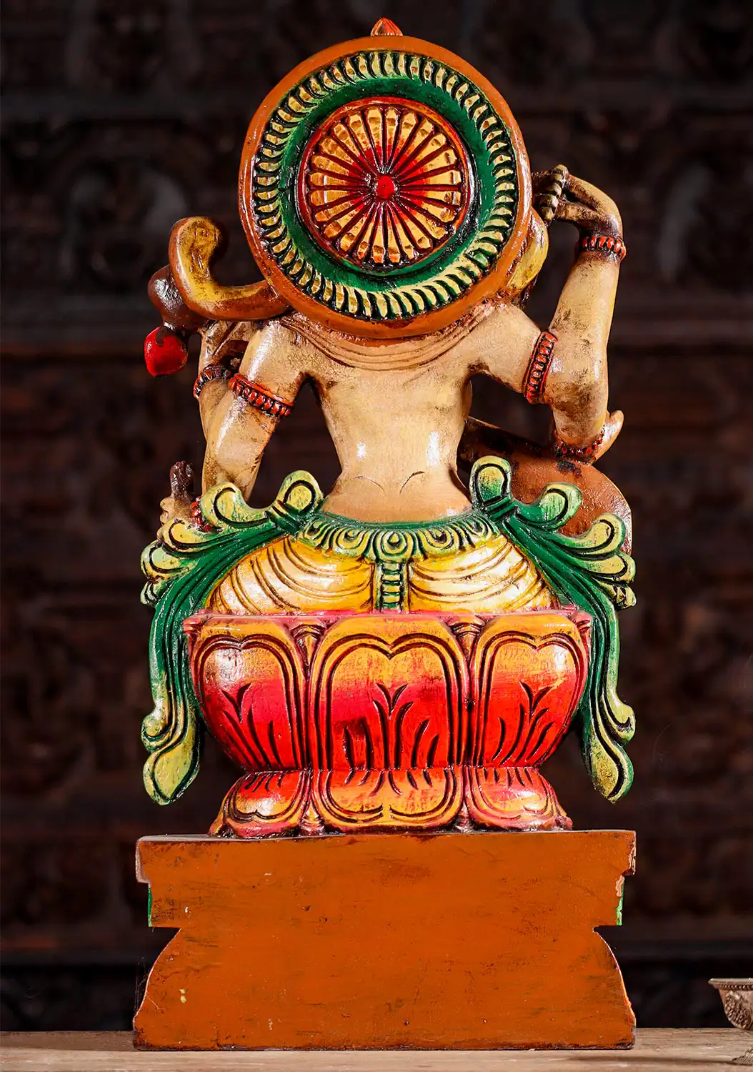 Saraswati Vibrant Wood Statue Hindu Goddess of Wisdom Playing Veena on Lotus 24"