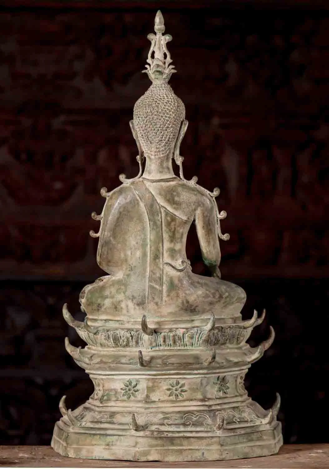 Buddha StatueThai Brass Laotian Earth Touching Ardha Padmasana Seated on Throne 26"