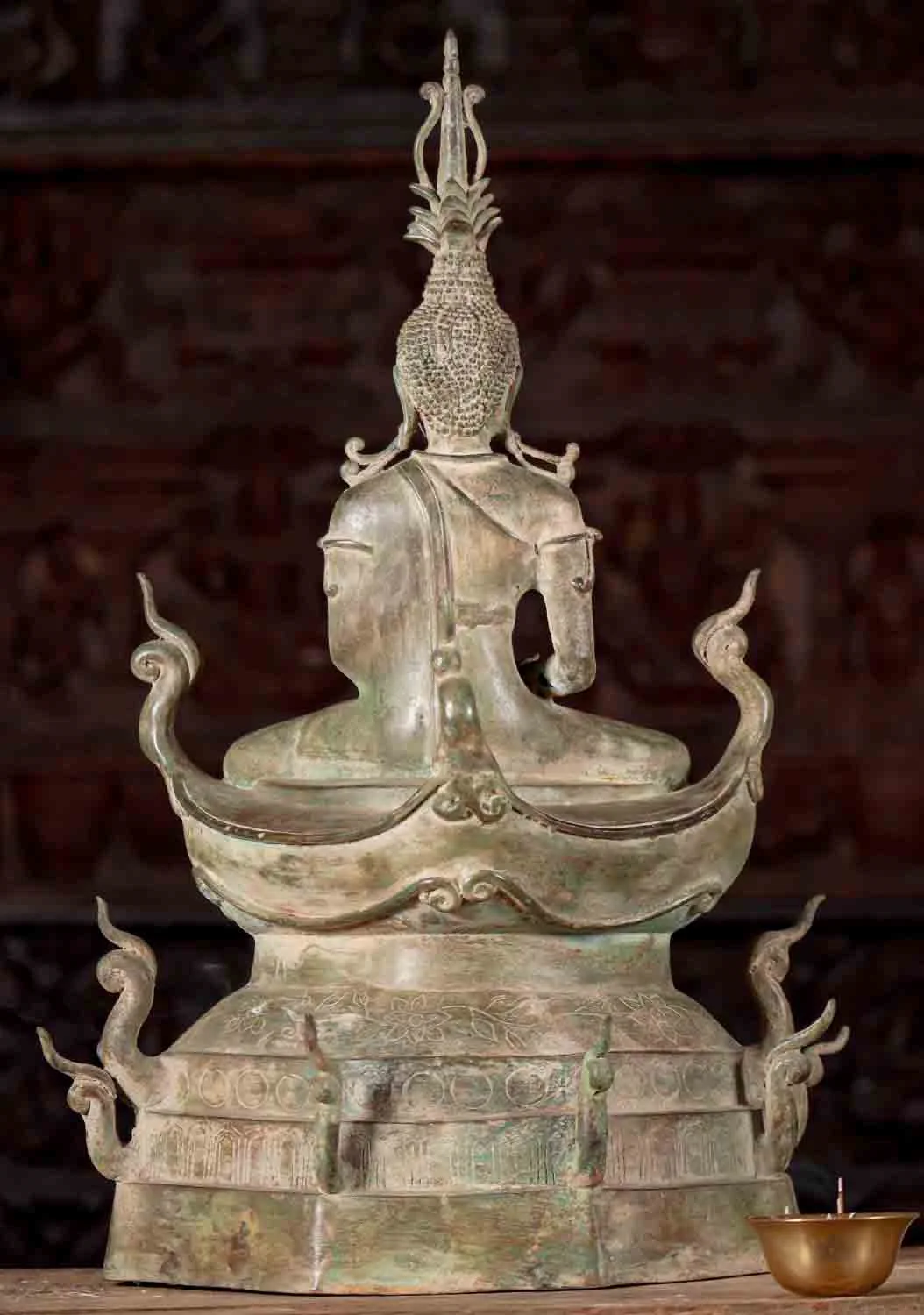 Buddha Statue Elaborate Brass Seated Laotian Meditating in Full Lotus on Throne Base  23"