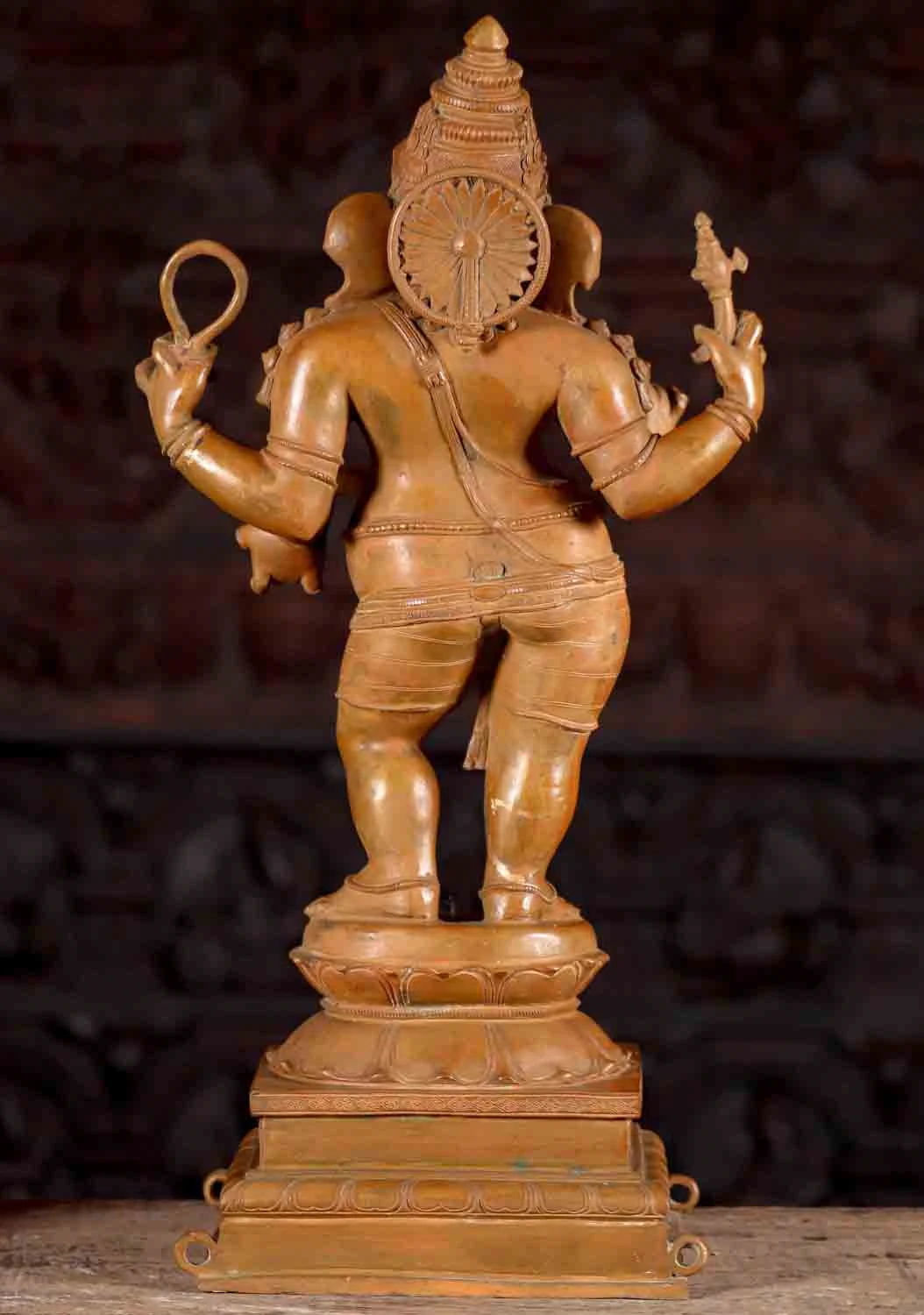 Ganesha Bronze Statue Standing in Wood Finish Holding Ankusa, Pasha, and Modak 23"