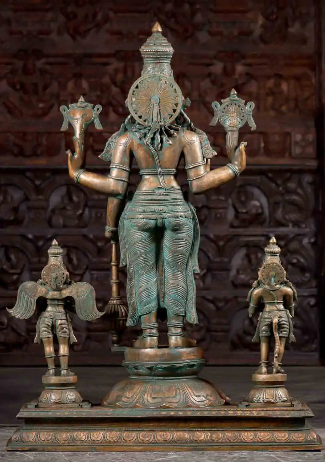 Vishnu Bronze Statue with Garuda and Hanuman in Panchaloha Antique Green Patina 45"