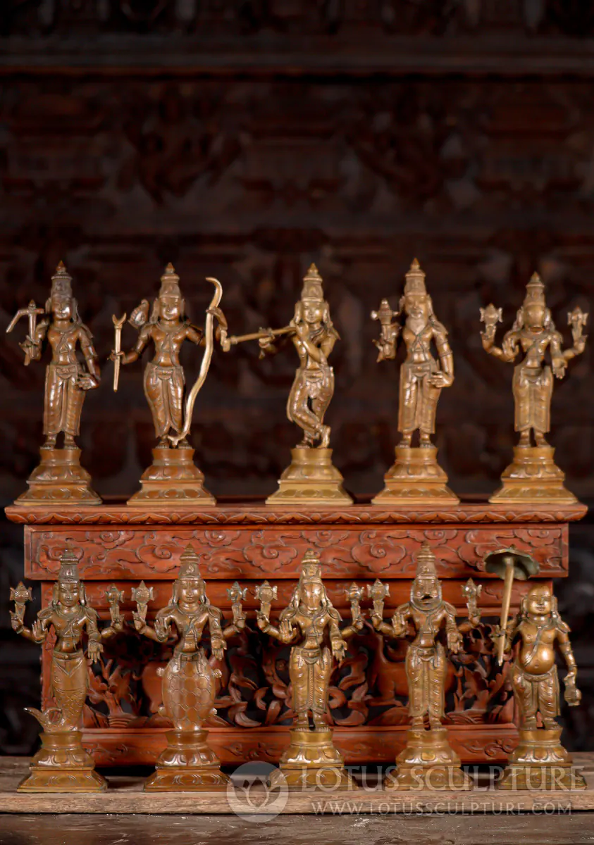 Dasavatar Statues - Complete Set of Ten Avatars of Lord Vishnu Cast in South Indian Bronze 10.5"