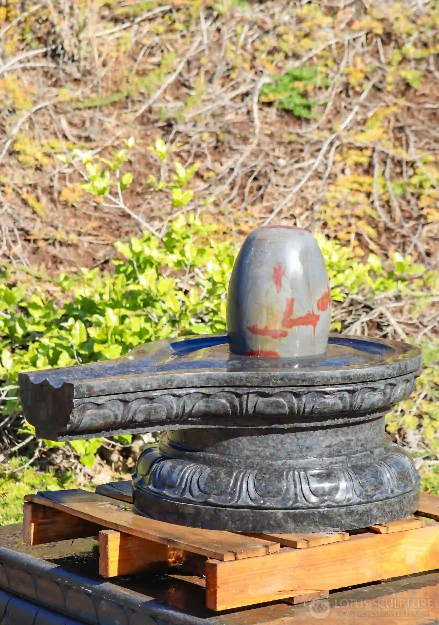 Grey Narmada River Stone with Red Lines Shiva Lingam Pillar of Fire with Black Yoni 34"