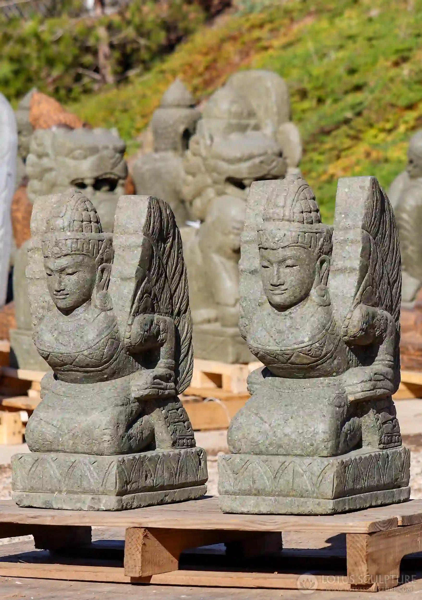 Kneeling Balinese Dvarapala Guardian Angel Stone Statues Pair of Hand-Carved Garden Sculptures 23.5"
