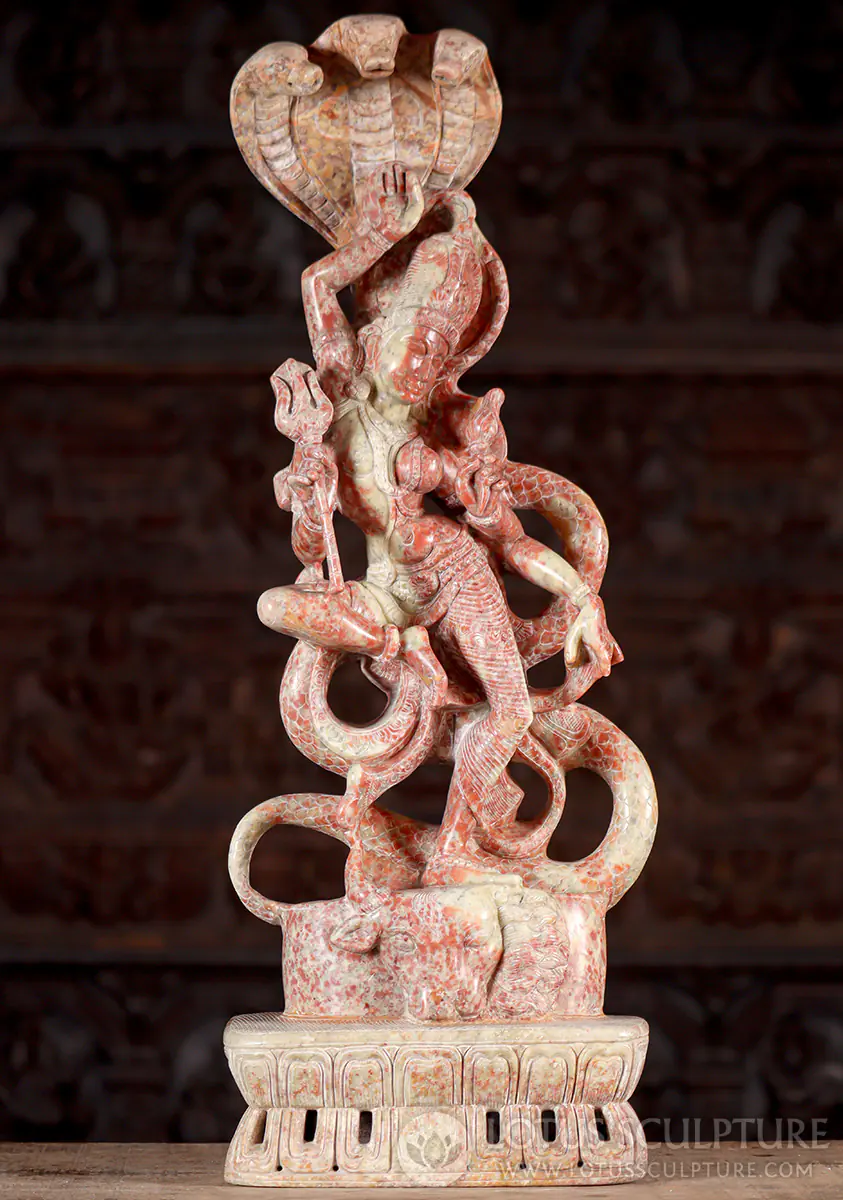 Dancing Ardhanari Red Marble Statue Shiva's Trident & Parvati's Lotus Flower 26.5"