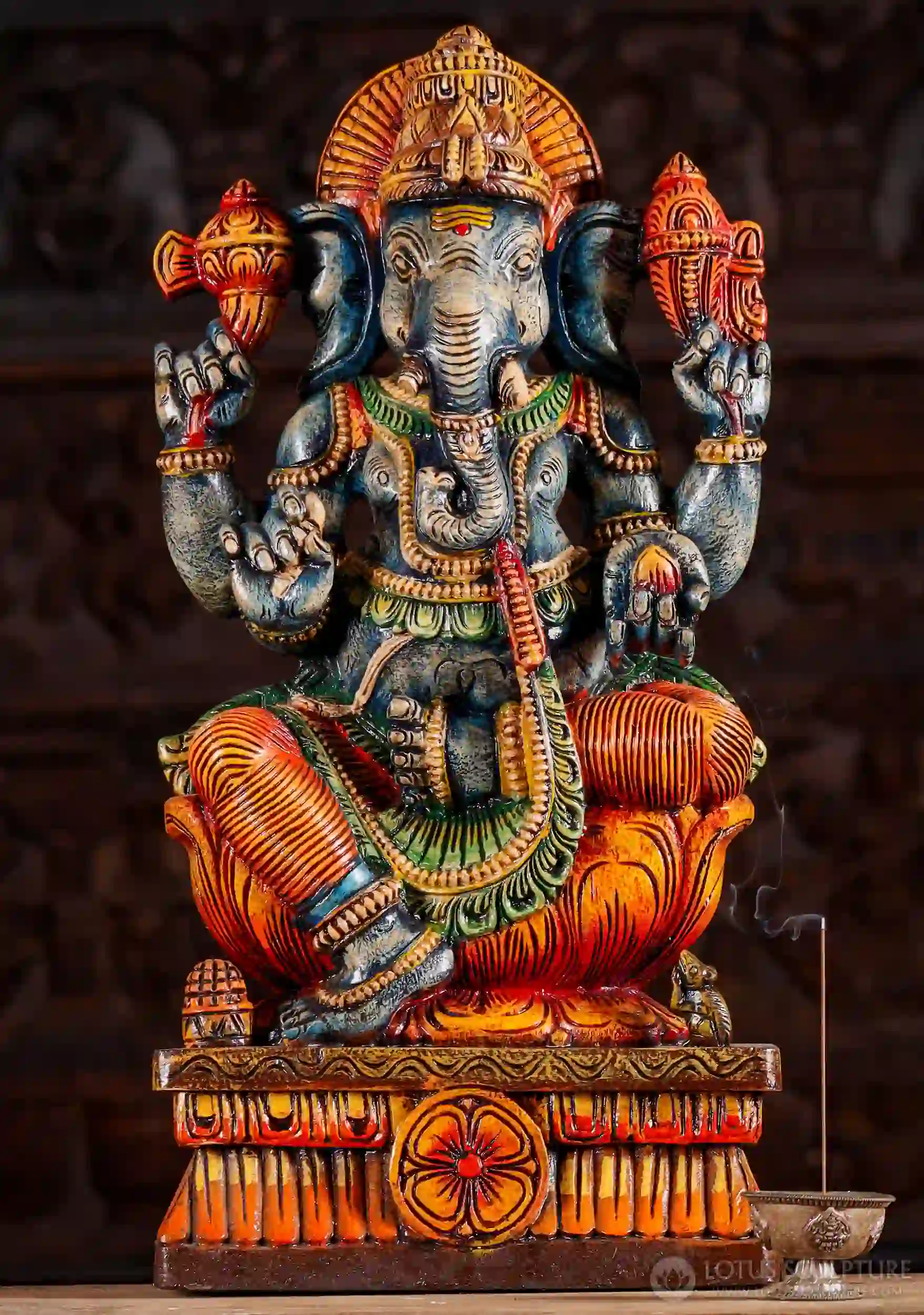 Ganesh Painted Wooden Statue with Goad, Noose & Mooshika on Lotus 24"