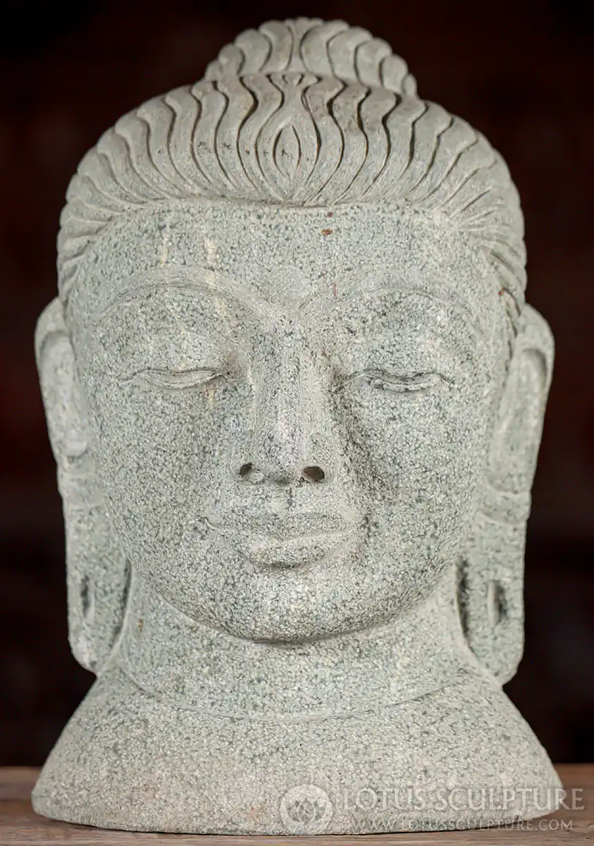 Buddha Green Granite Bust with Wavy Hair & Serene Expression India 10"