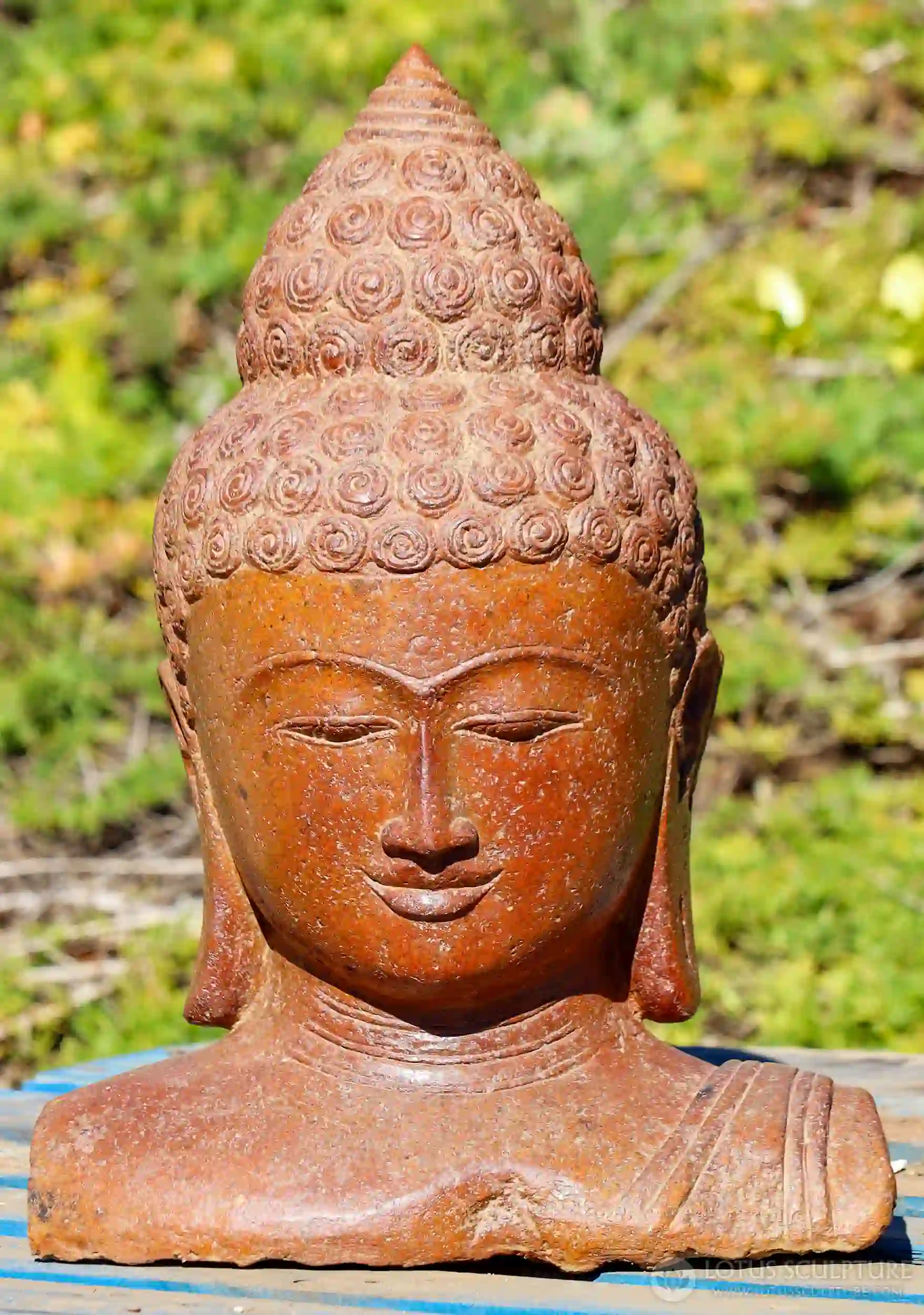 Buddha Lava Stone Bust Sculpture, Saffron Hand-Carved in Indonesia 20"
