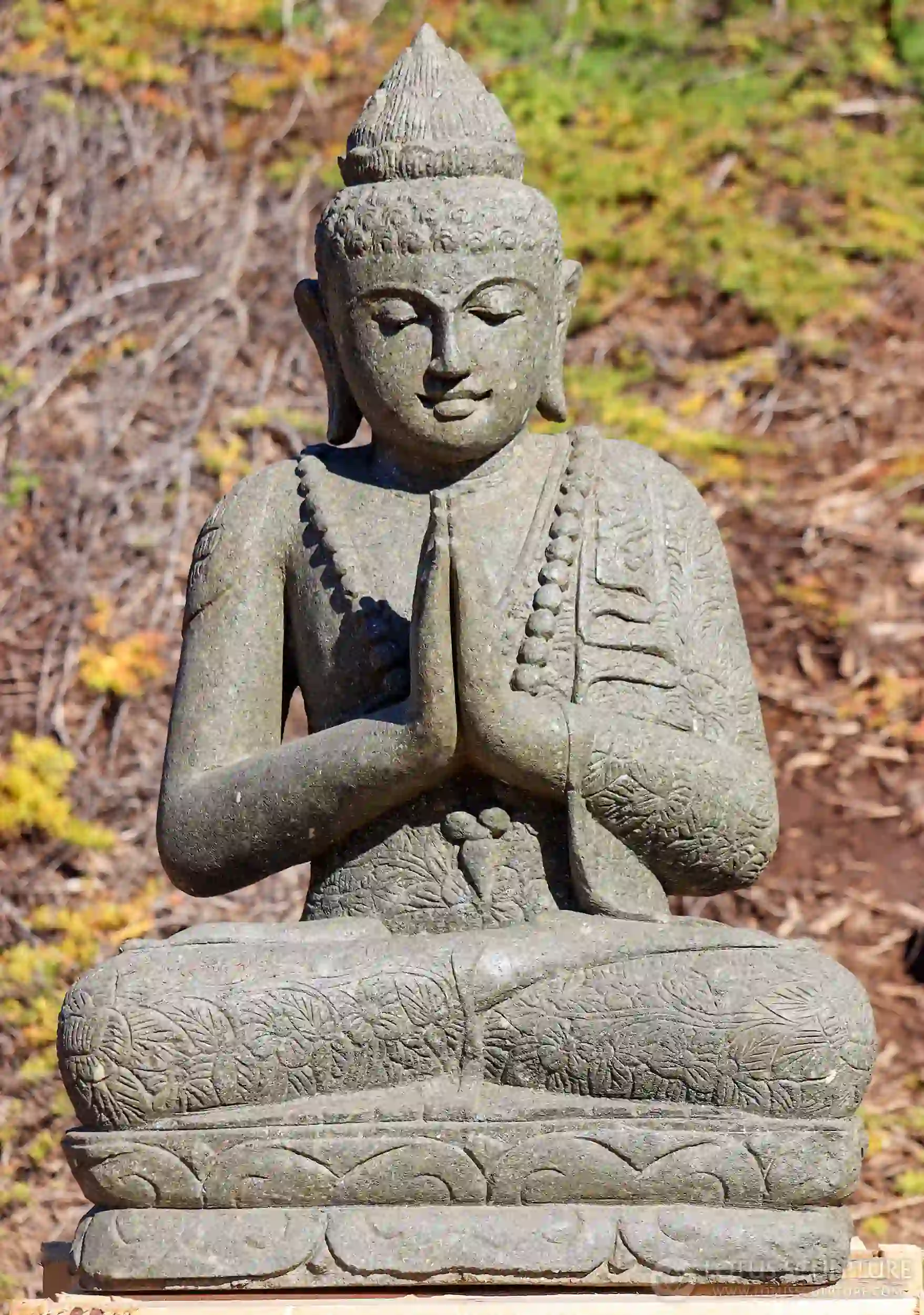 Buddha Lava Stone Garden Sculpture Namaste Mudra with Mala on Lotus Base 39"