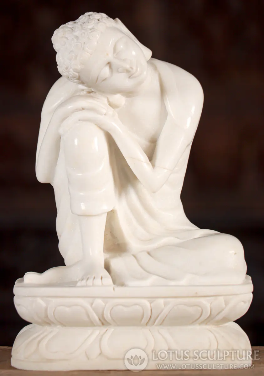 Buddha Sculpture White Marble Resting on Lotus Serene Head-on-Knee Pose 13"