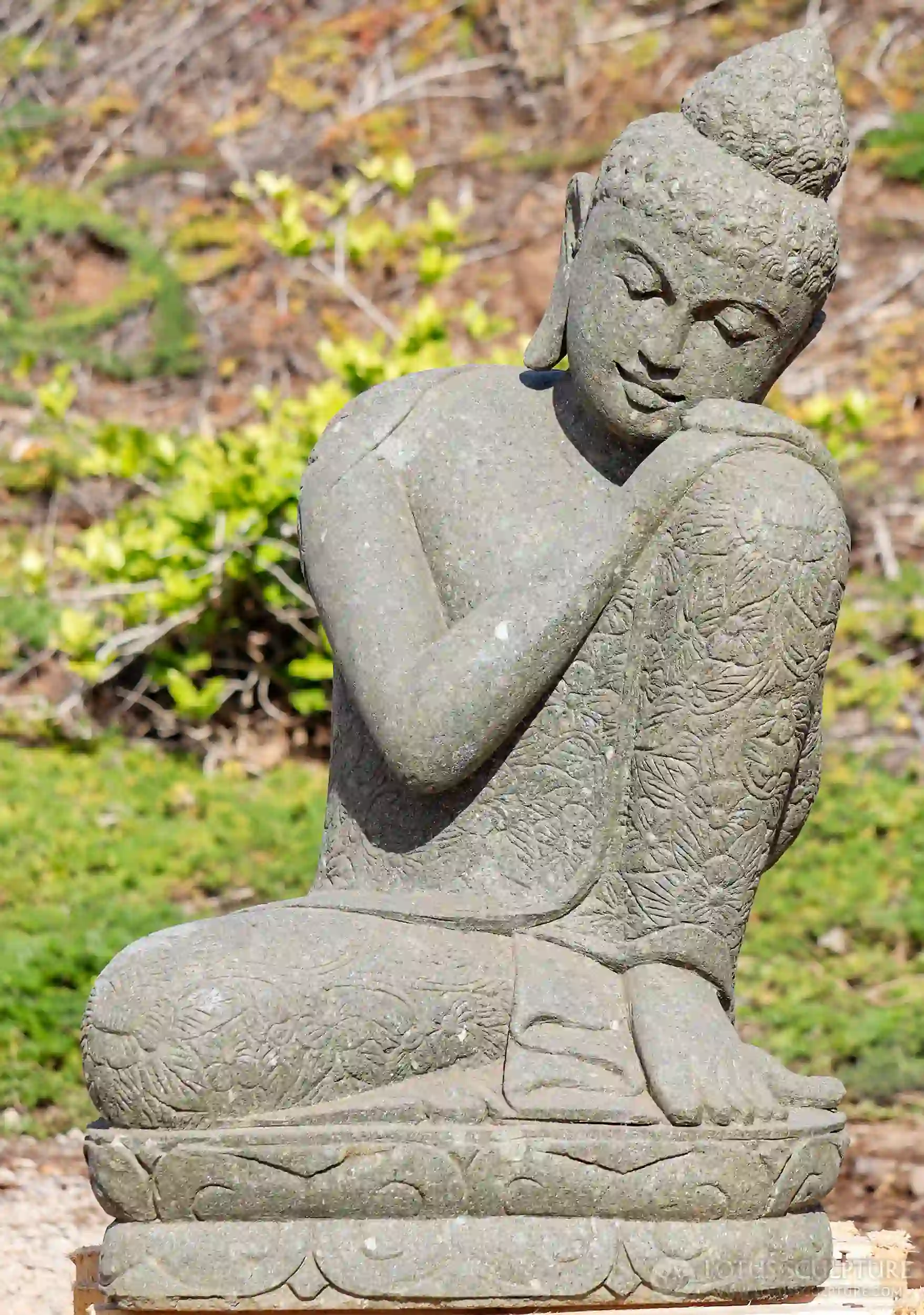 Resting Buddha Stone Sculpture with Head on Knee & Floral Robes on Lotus Base 40"