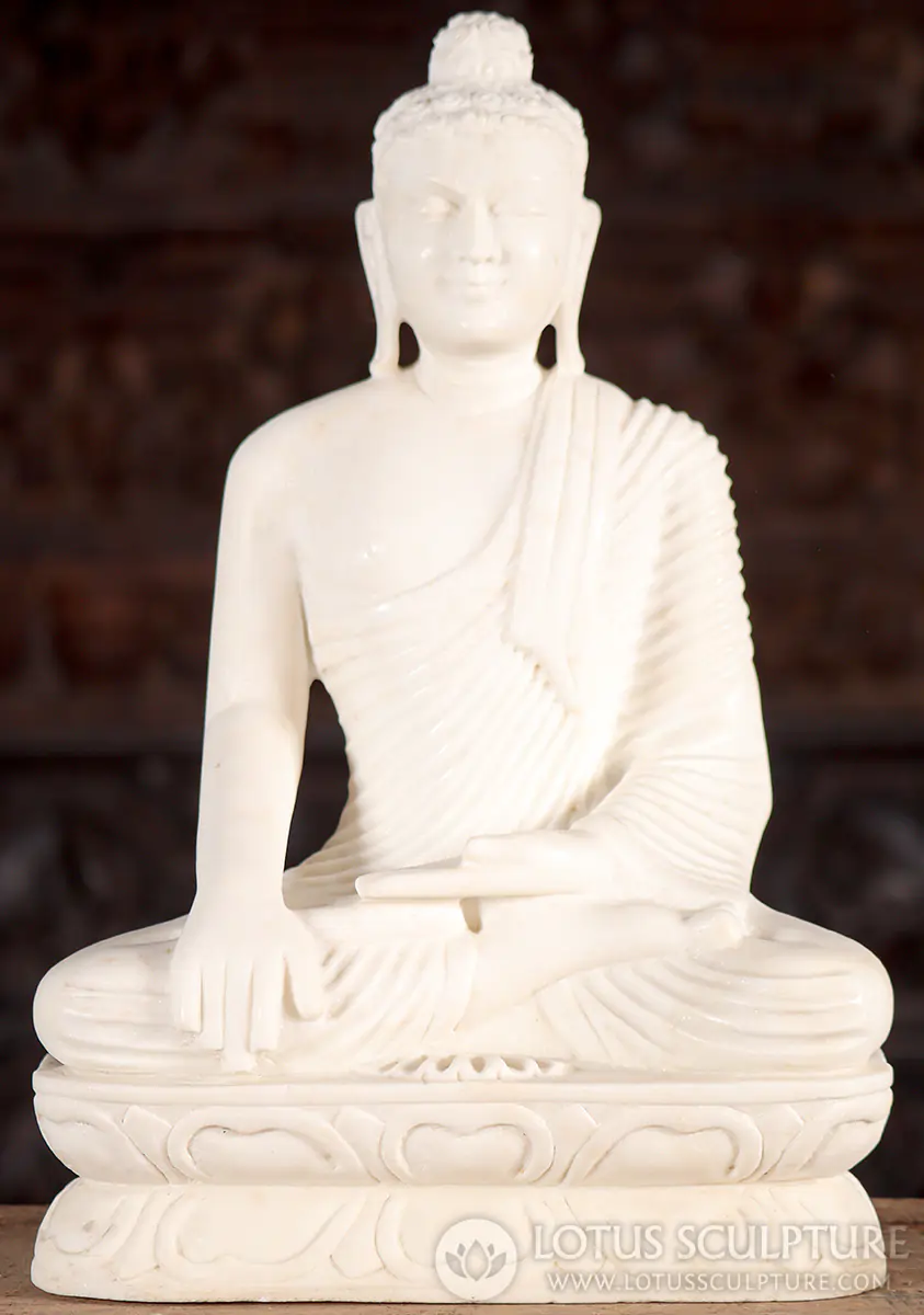 Buddha White Marble Earth-Touching Mudra, Full Lotus Pose on Lotus Base 18"