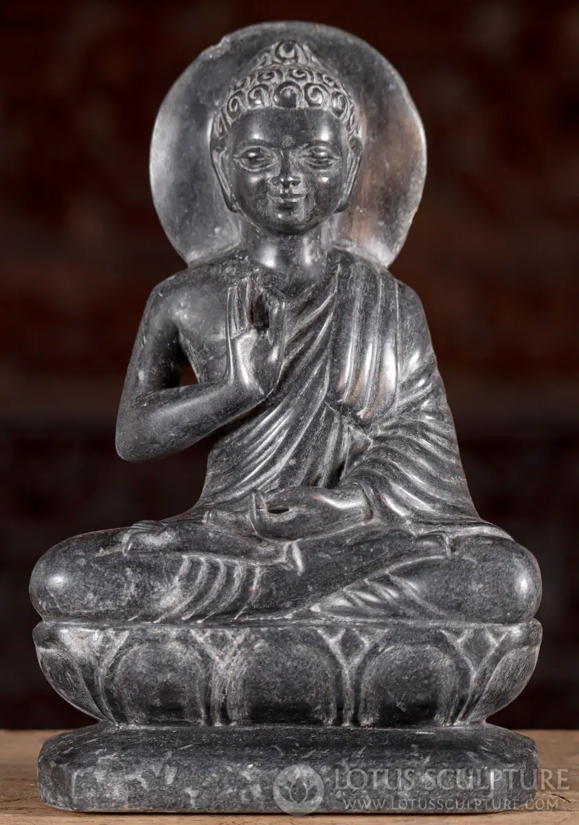 Buddha Black Marble Statue in Teaching Vitarka Mudra, Padmasana with Halo 10.5"