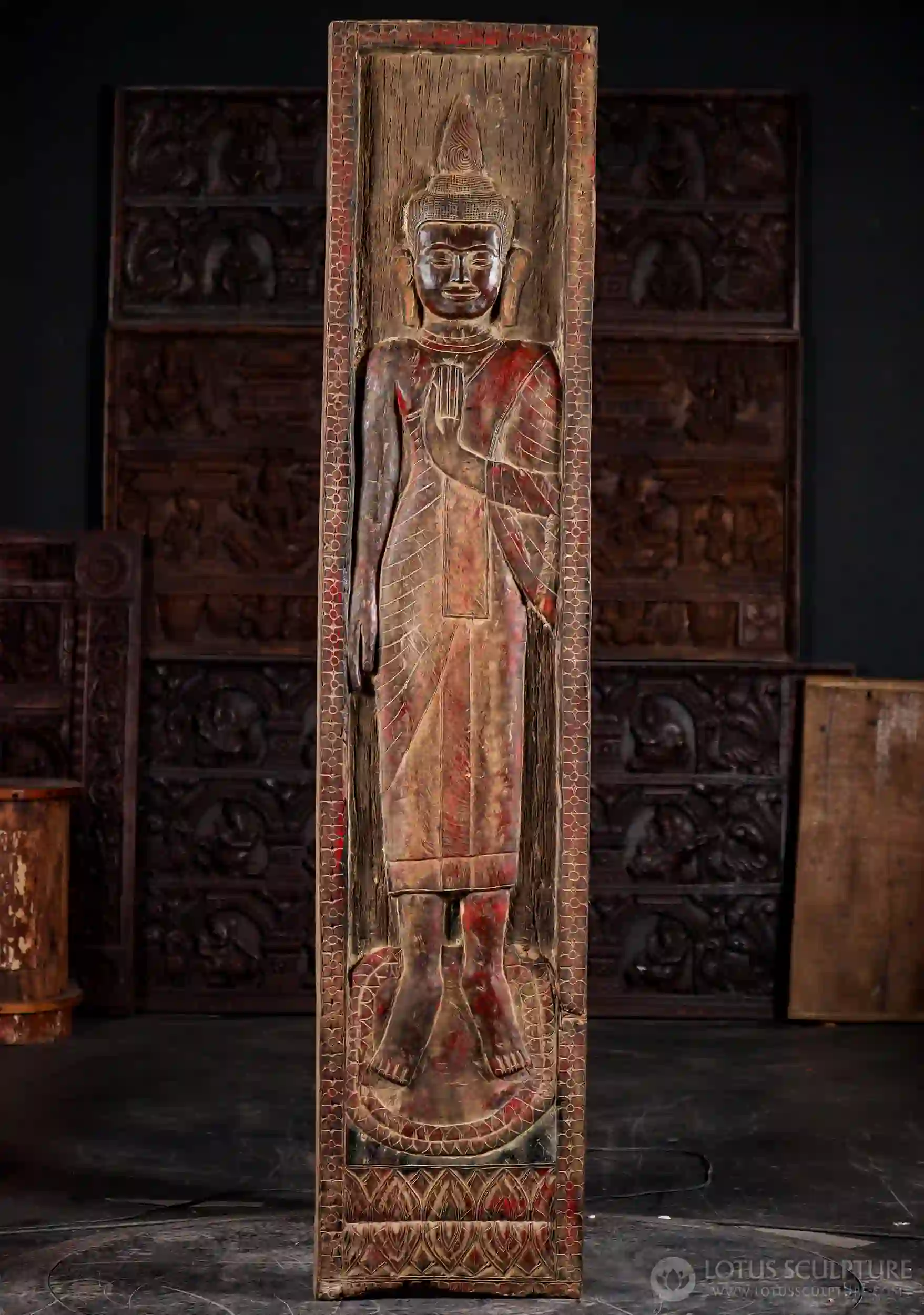 Buddha Standing Wood Panel Cambodian Hand Carved Relief in Abhaya Mudra 77"