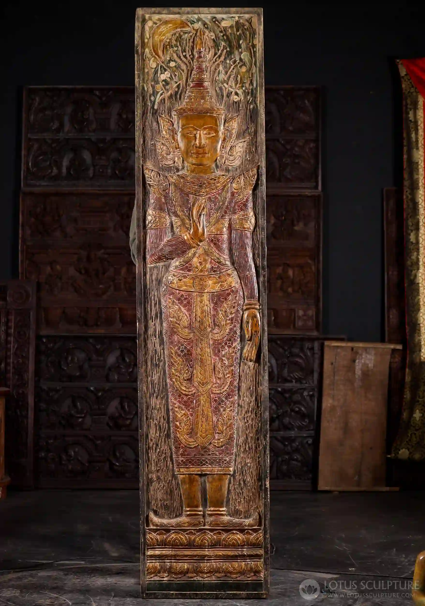 Buddha Wooden Statue in Abhaya Mudra under Moon & Stars from Cambodia 87"