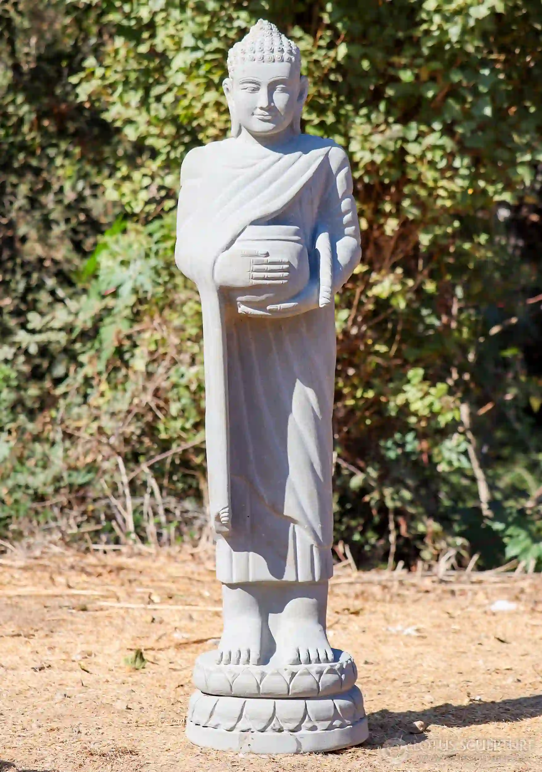 Buddha Sandstone Garden Sculpture with Alms Bowl Dana on Lotus Base 49"