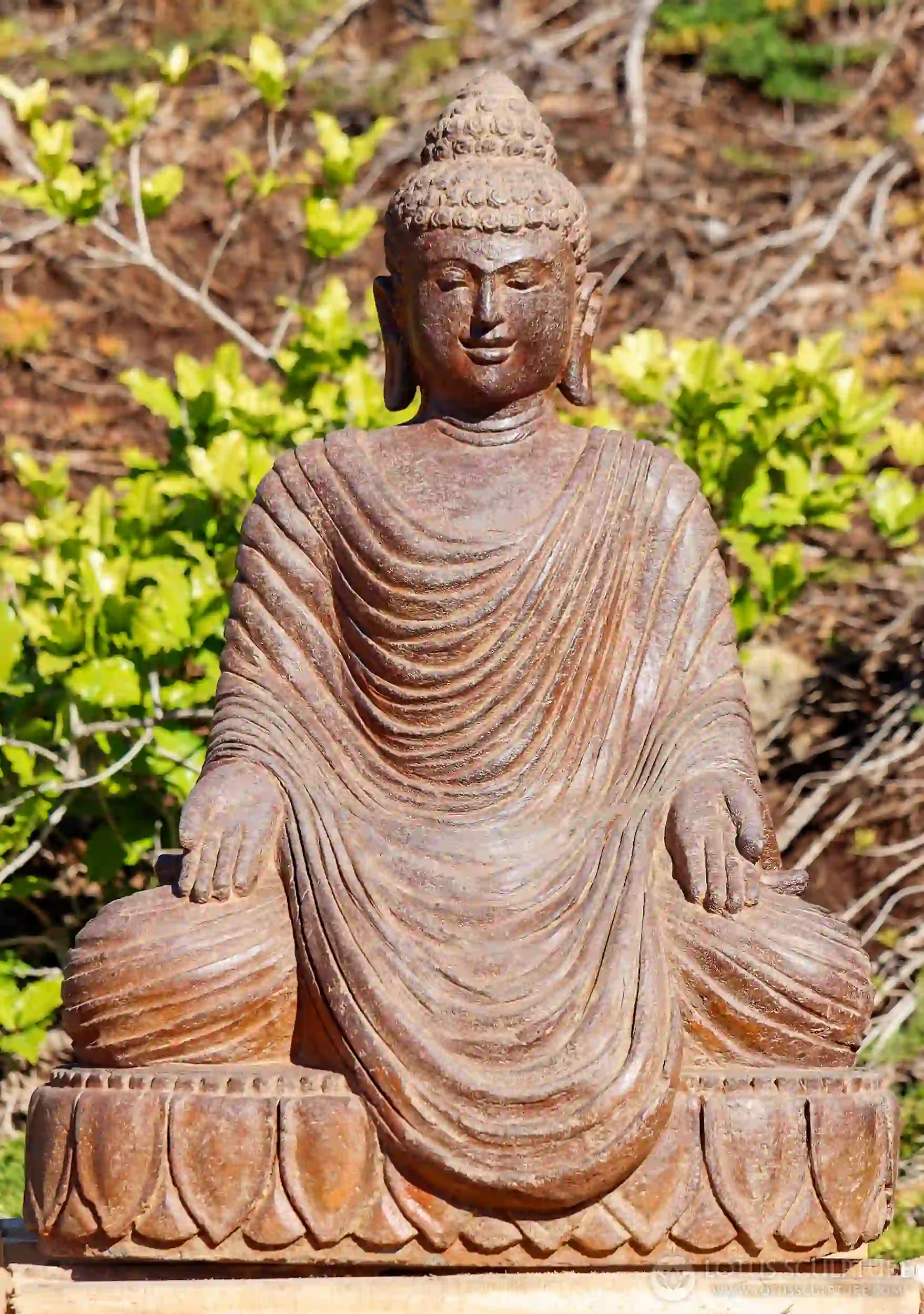Buddha Saffron Lava Stone Sculpture Double Varada Mudra with Flowing Robes 30"