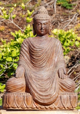 Buddha Saffron Lava Stone Sculpture Double Varada Mudra with Flowing Robes 30"