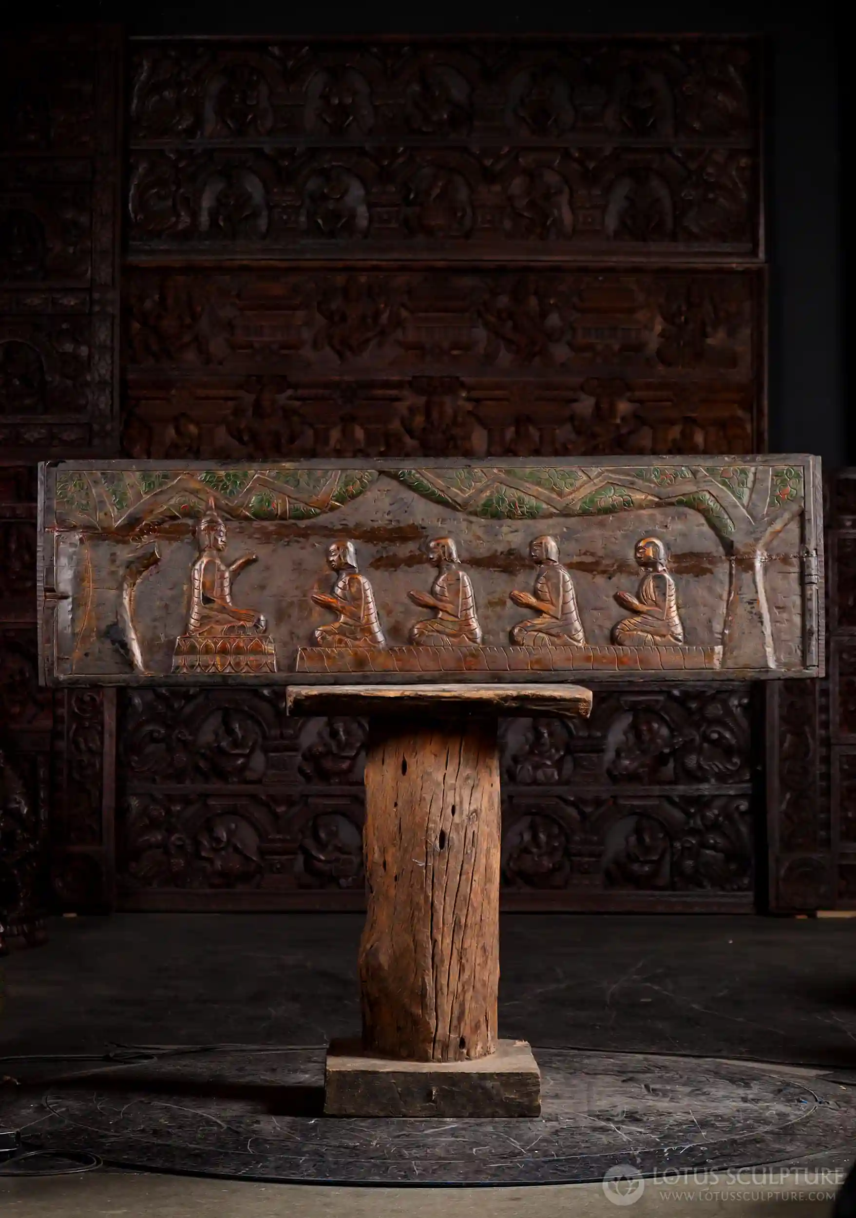 Buddha Wooden Sculpture in Teaching Mudra with Disciples, Made in Cambodia 51.5"