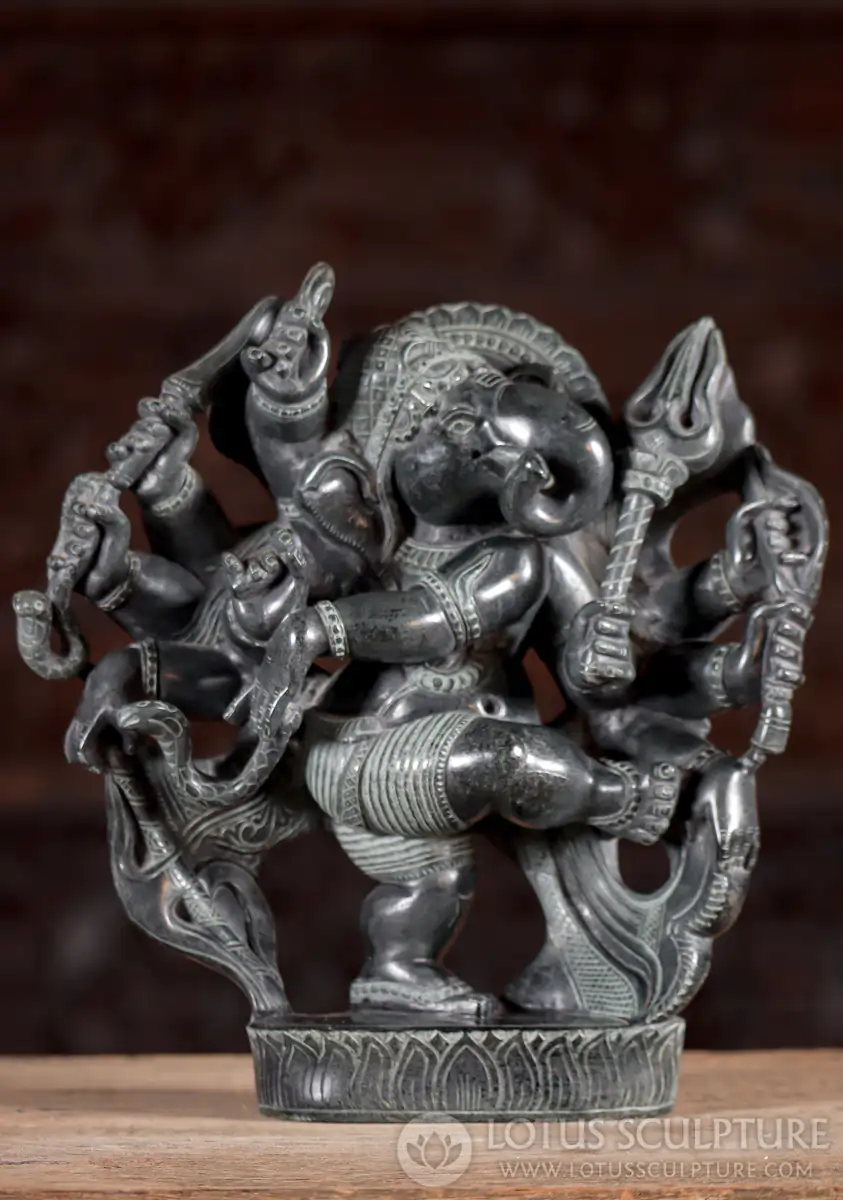 Dancing Ganesha Black Marble Sculpture Ten Arms, Cobra & Halo on Lotus 11"
