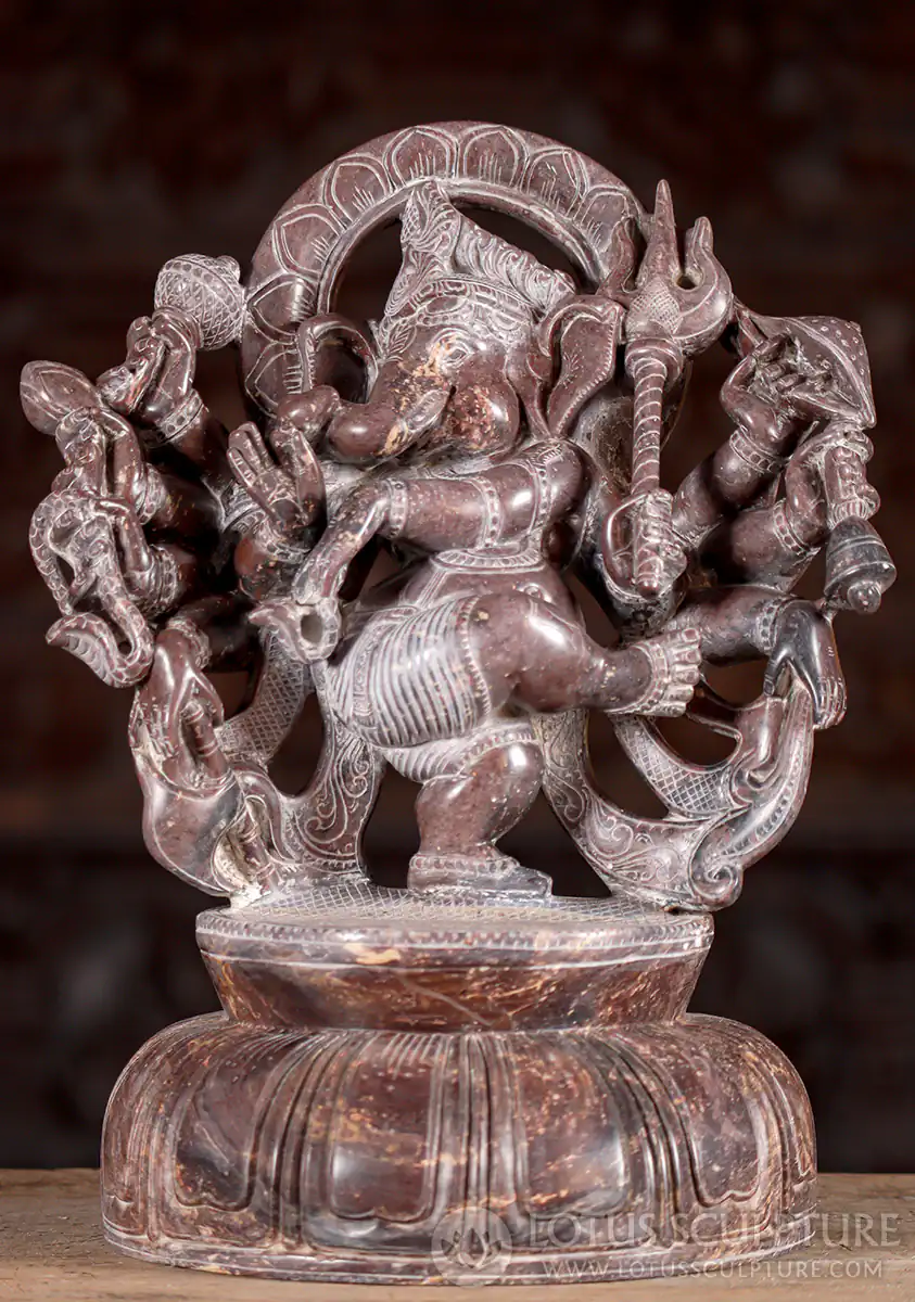 Dancing Ganesha Ten-Arms Black Marble Sculpture with Ax, Cobra, Trident on Lotus 13.5"