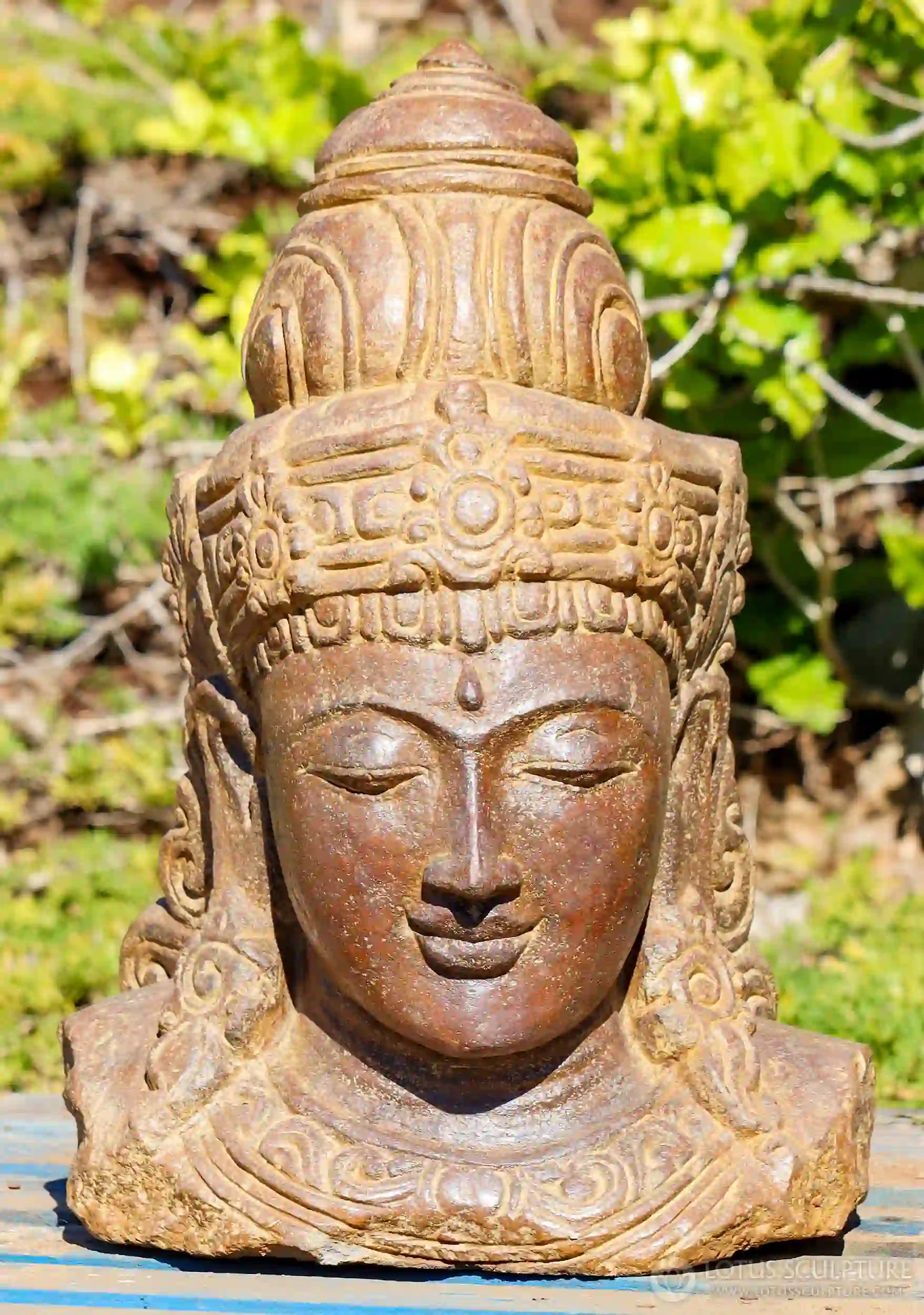 Devi Tara Garden Sculpture Lava Stone Bust, Hand-Carved with Saffron Coloring 21"