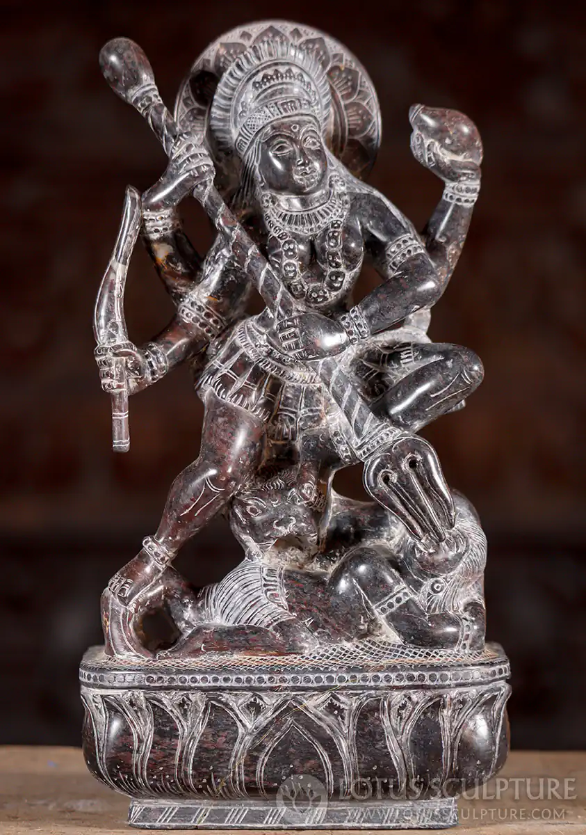 Durga Black Marble Statue Hindu Goddess Slaying the Buffalo Demon with Trident 11.5"