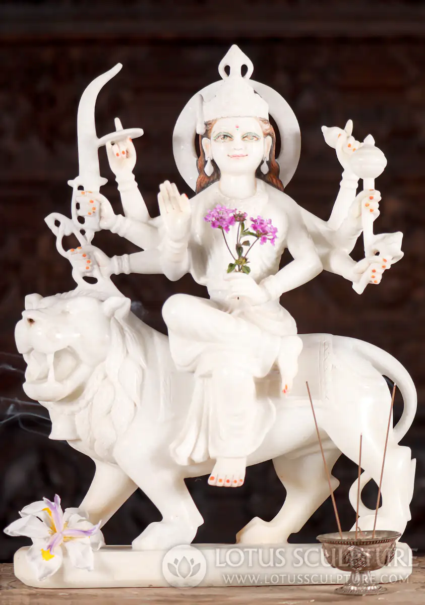 Durga Sculpture White Marble Hindu Goddess on Lion with Eight Arms & Halo 19"