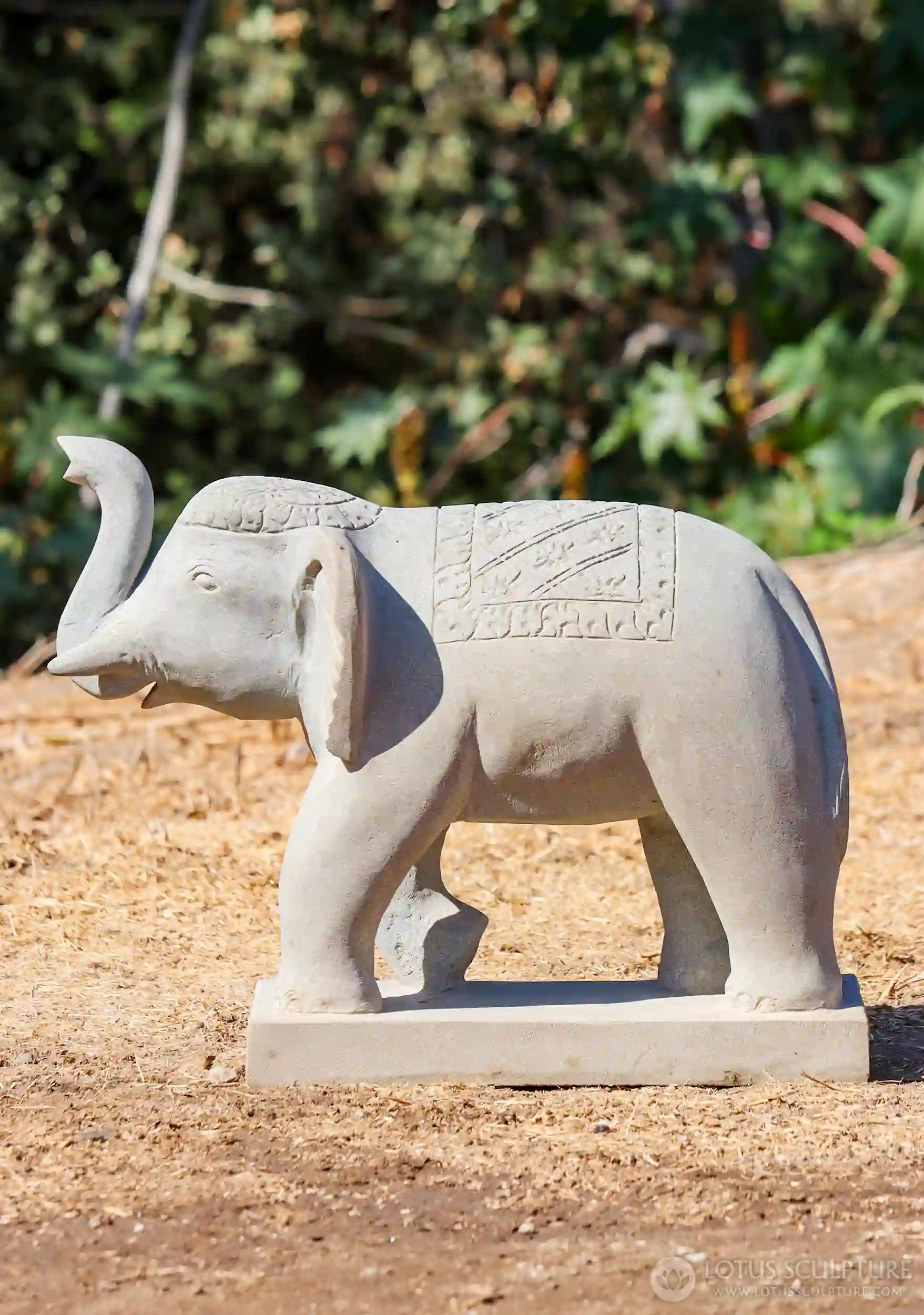 Processional Elephant Sandstone Garden Sculpture With Trunk Raised for Good Luck 16"