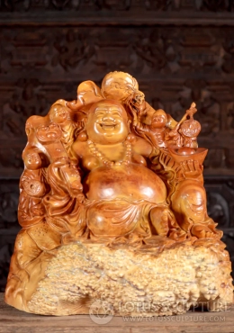 Hotei Buddha of Wealth Wood Statue, Laughing Prosperity & Children, Vietnam 20"