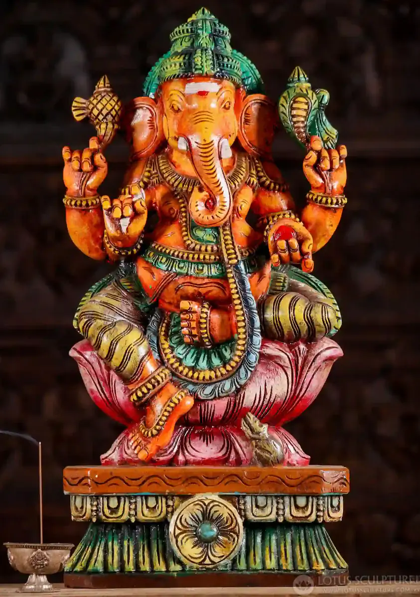 Ganesh Painted Wooden Sculpture, Hindu God Seated on Lotus with Mooshika 24"