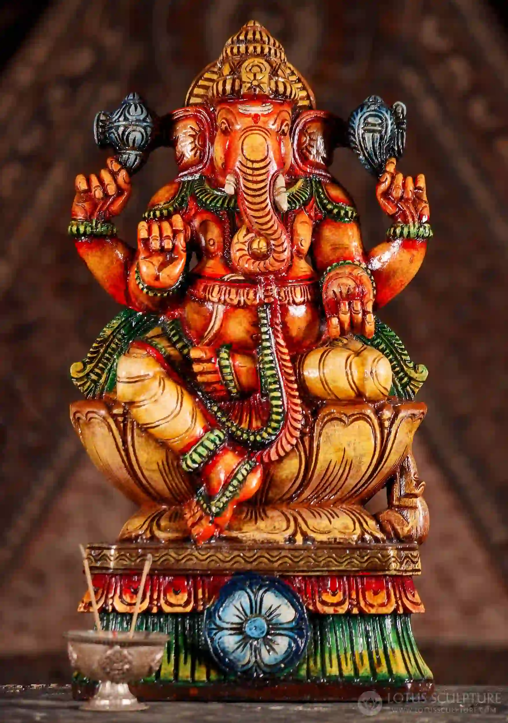 Ganesha Painted Wooden on Lotus: Right-Trunk, Goad, Noose & Sweets 18"