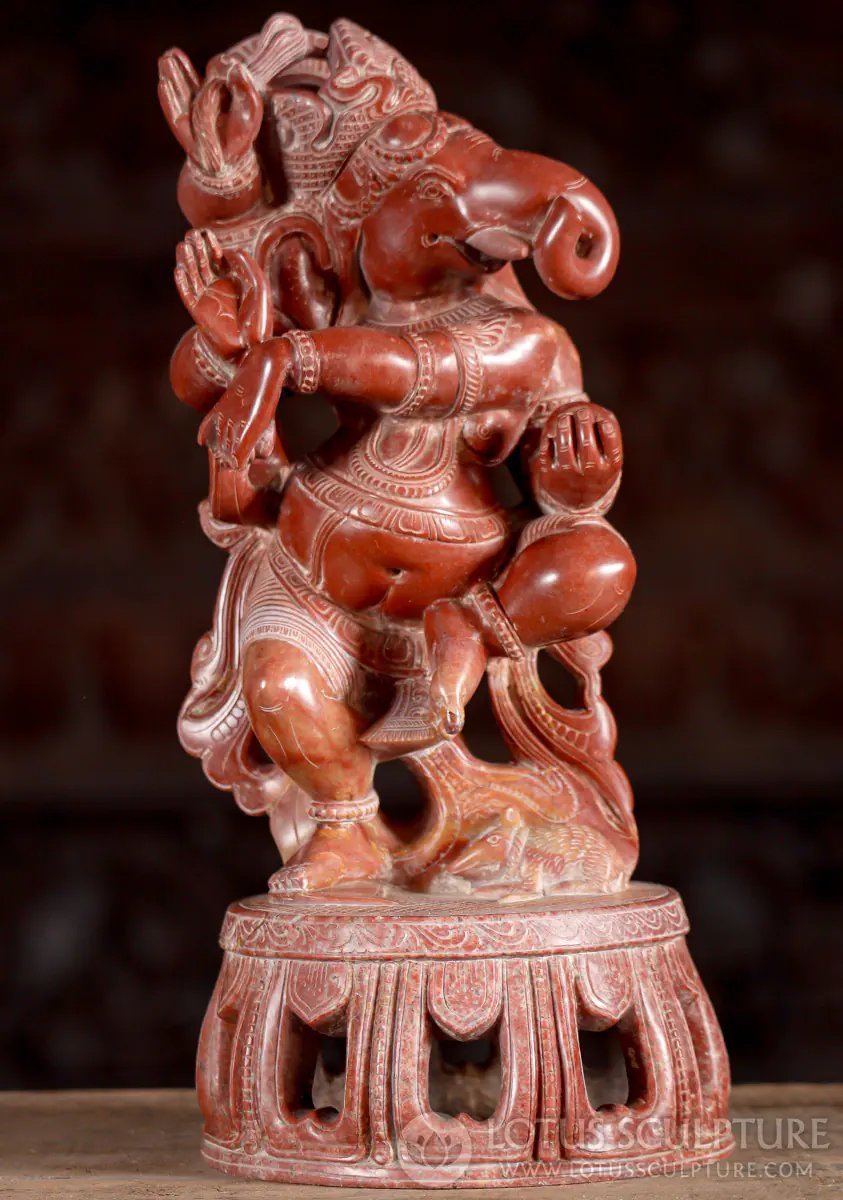 Dancing Ganesha Red Marble Statue with Fly Whisk, Sweets & Mooshika 13"